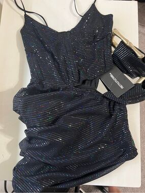 NWT PRETTY LITTLE THING Black Glitter Corset Cut Out Drape Detail Bodycon Dress